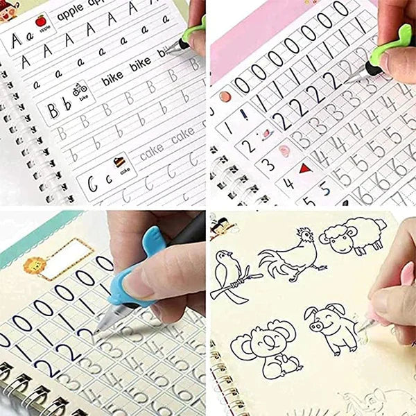 Collage of a writing tool being used to trace letters, numbers, and simple drawings on paper.